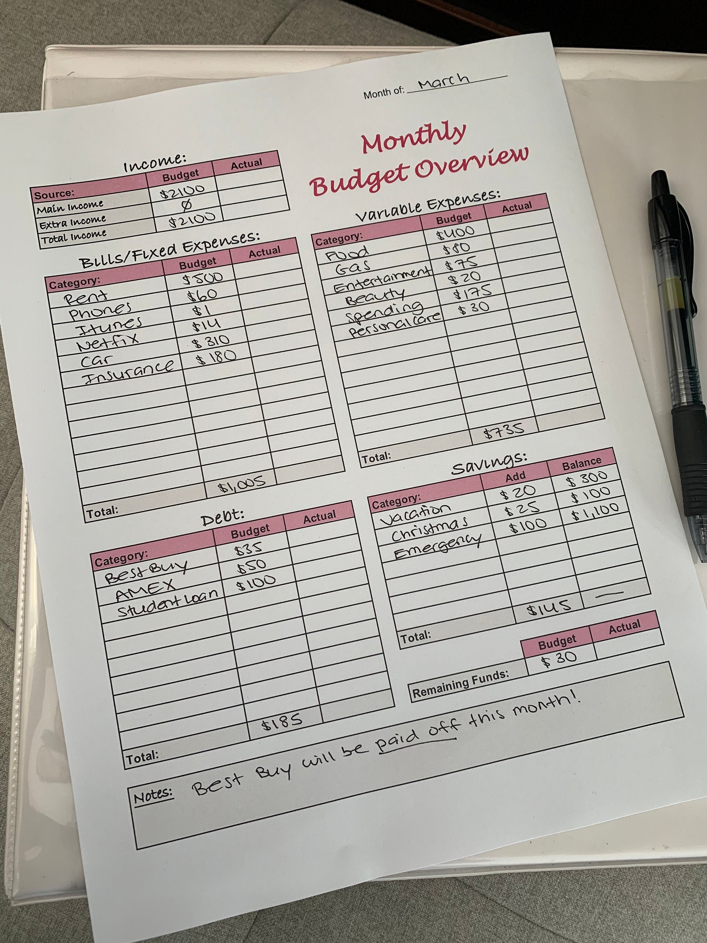Monthly Budget Overview Template Printable (pink) Etsy