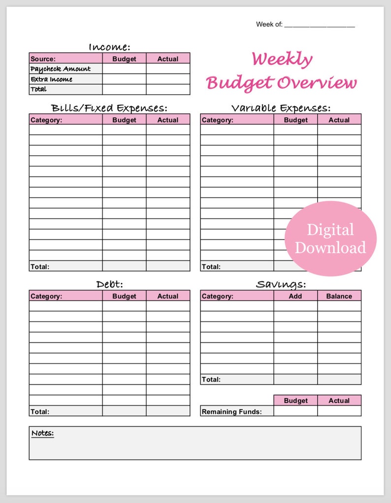 Weekly Budget Overview Template Printable Pink zdjęcie 1