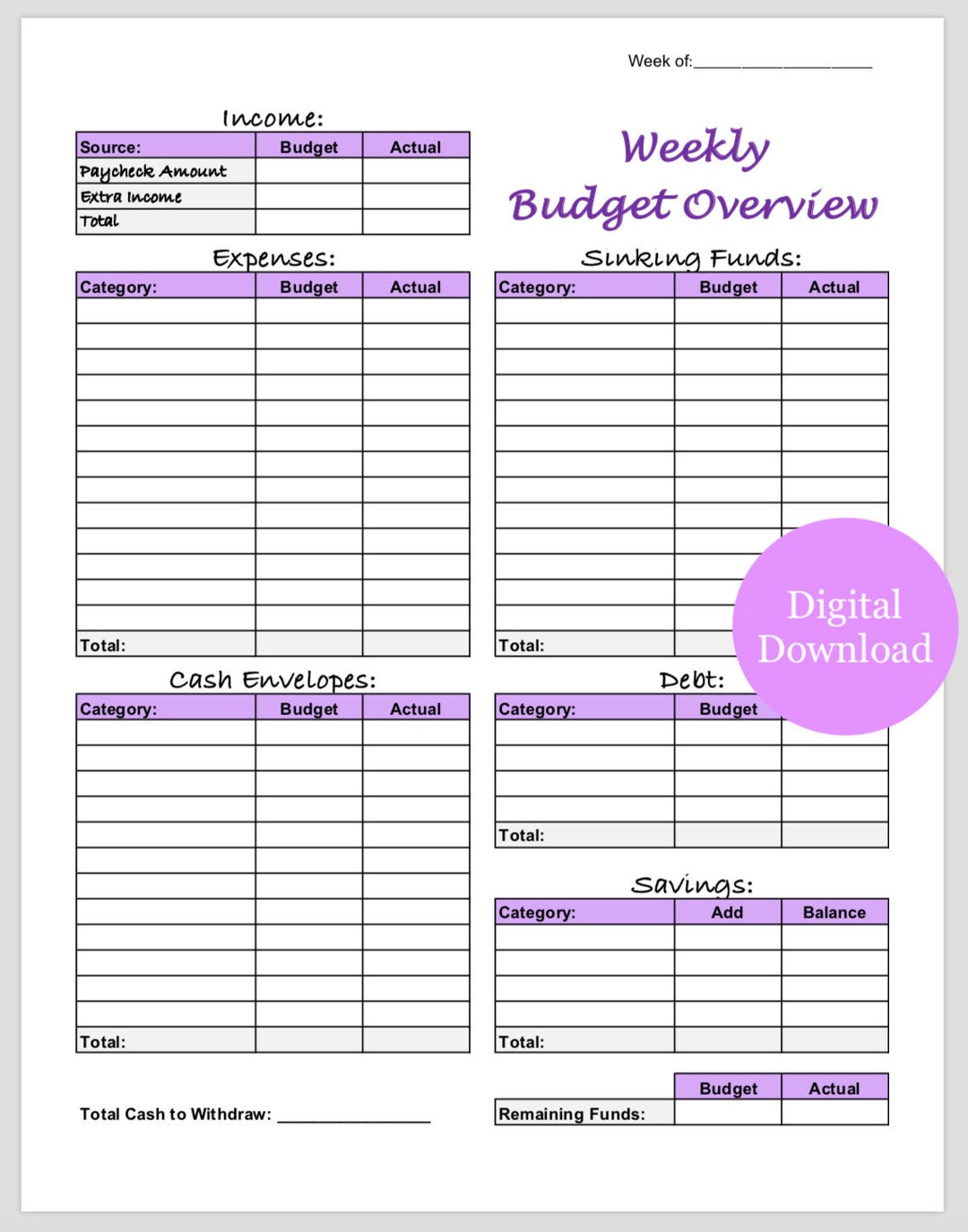 Weekly Budget Template Printable for Cash Envelopes and Etsy Australia