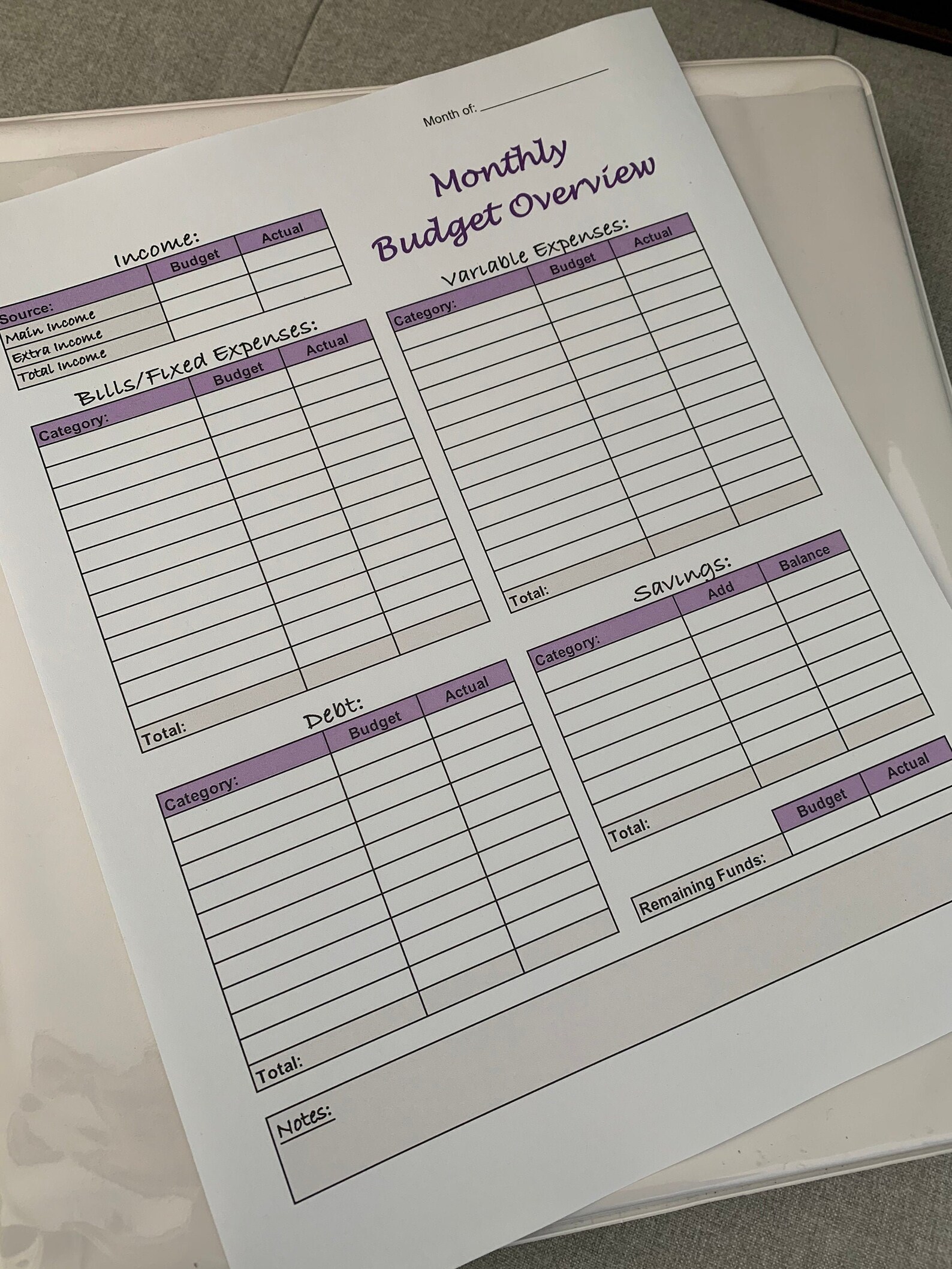 Monthly Budget Overview Template Printable purple Etsy