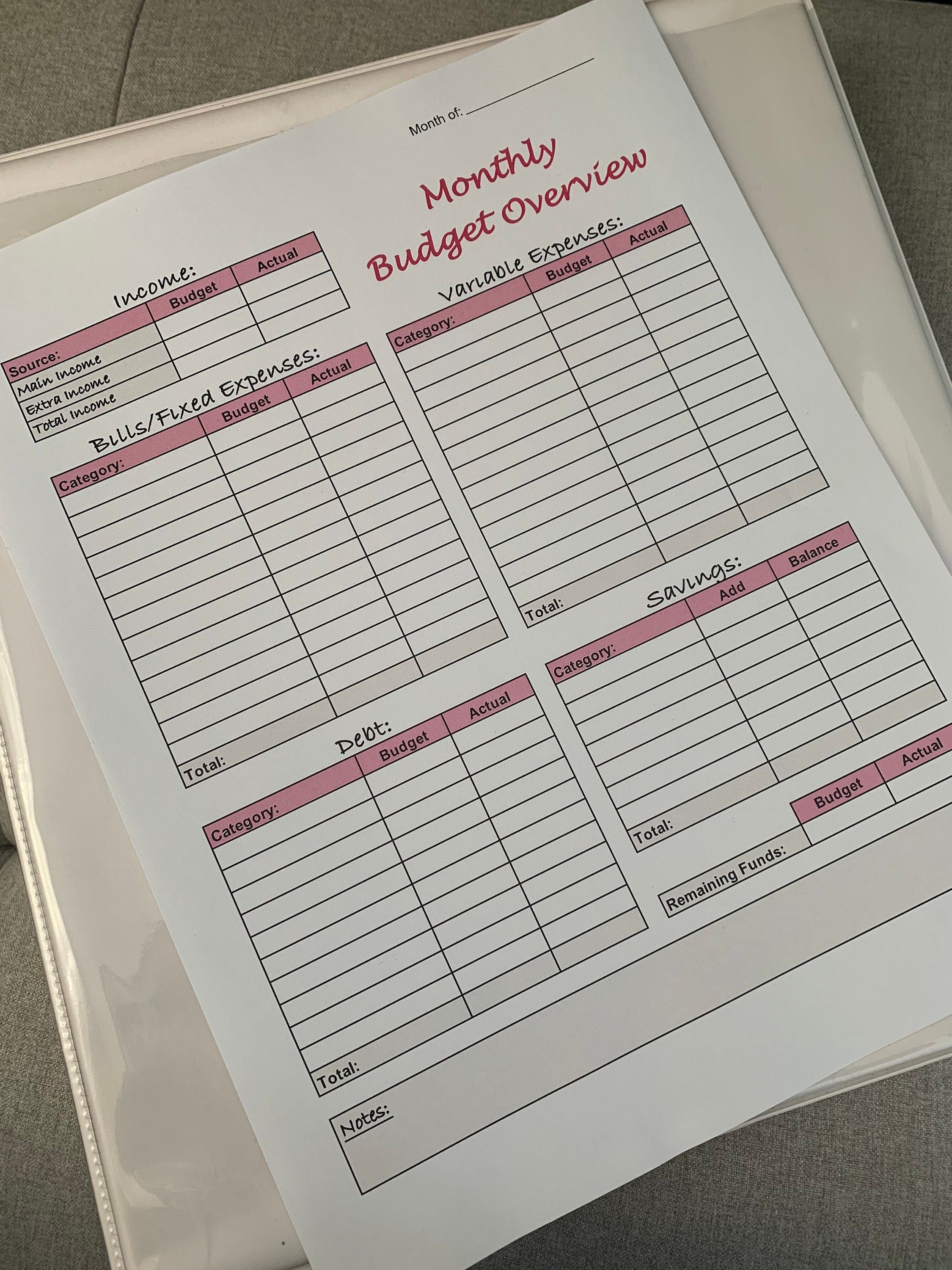 Monthly Budget Overview Template Printable (pink) Etsy