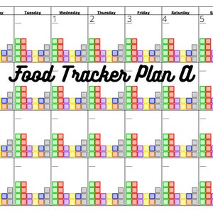 May include: A weekly food tracker plan with a grid of squares in different colors, labeled with days of the week and numbers 1 through 5. The text "Food Tracker Plan A" is written in a large, stylized font.