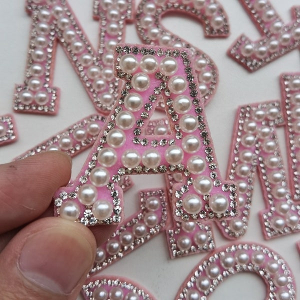 Pink Pearl white Rhinestone Sparkle Letter Patches, Alphabet Embroidered letters, Rhinestone Colorful Letters,  Iron on letter patches