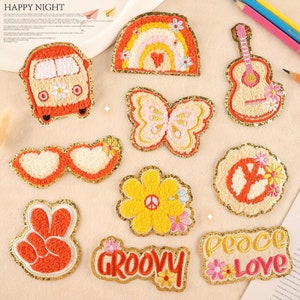 Orange Chenille Embroidered Gold Glitter Patch, Fun Patches, Butterfly Ironing Patch, GROOVY, Peace Love Patches, Peace and Flowers Patch