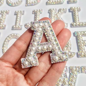 Parches de letras brillantes con diamantes de imitación de perla blanca, letras bordadas del alfabeto, letras coloridas con diamantes de imitación, parches de letras para coser o planchar