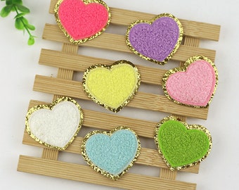 Colorful sweet heart gold rim Chenille Embroidered Applique Patch, iron on Patches, Adhesive Patches, glitter patch, Heart Chenille