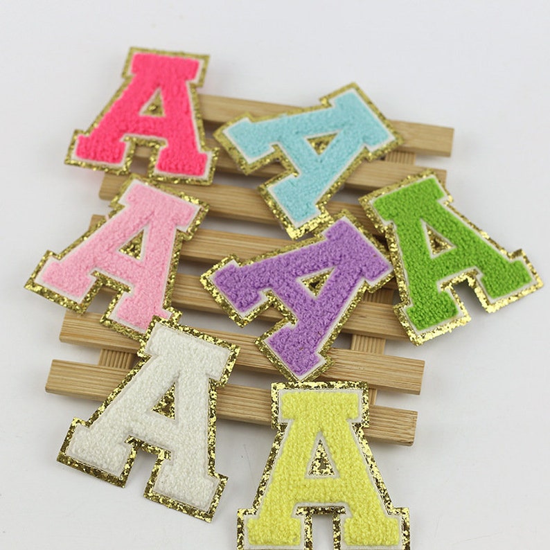 Colorful iron on glitter Chenille Embroidered Letters A-Z Applique Patch\uff0c Name Letters Patch, iron on Patches