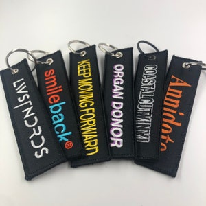 Custom embroidered keychain, Custom remove before flight key chain, flight keytag, jet tag custom