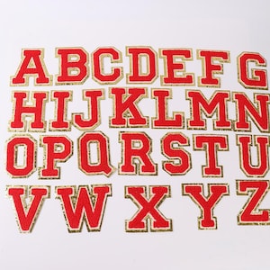 Letras de chenilla roja de 3,2 pulgadas, letras con purpurina dorada para planchar, letras universitarias para planchar, parche con letras de nombre, monograma DIY, adorno con purpurina dorada