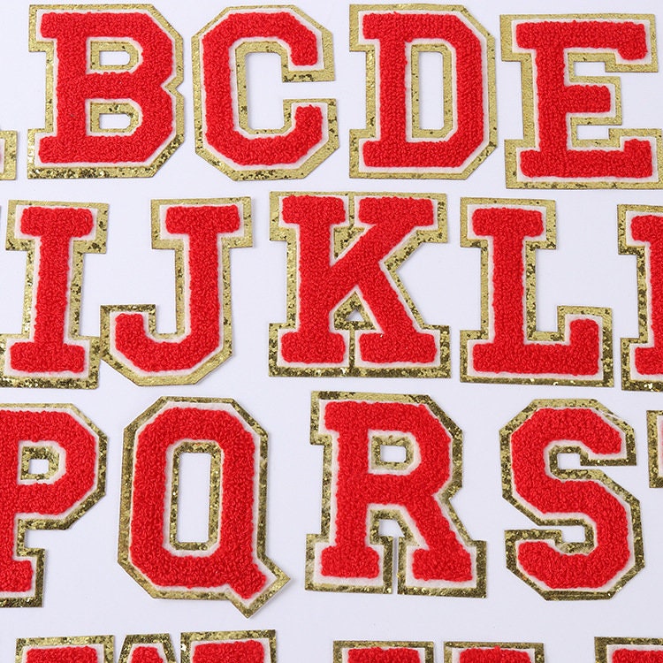 Ponce Red Leters 3.2 Inch Red Chenille Letters, Iron on Gold Glitter Letters , Iron on ...