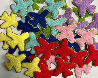 ADHESIVE Colorful Airplane gold rim Chenille Embroidered Patch, iron on Patches, glitter patch, Iron on patch