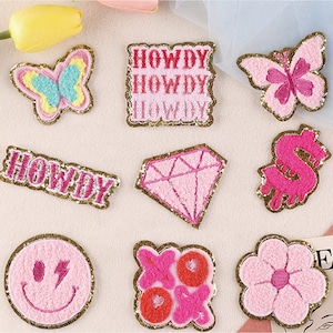 Pink Chenille Embroidered Glitter Patch, PINK Girly Fun Patches, Fun Patches, Butterfly Ironing Patch, HOWDY, Pink Mood Patches