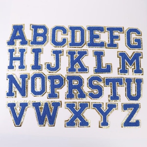 Letras de Chenille Azul Royal de 3,2", Letras de Glitter Dourado para Passar a Ferro, Letras Universitárias para Passar a Ferro, Patch de Letras de Nome, Monograma DIY, Acabamento com Glitter Dourado