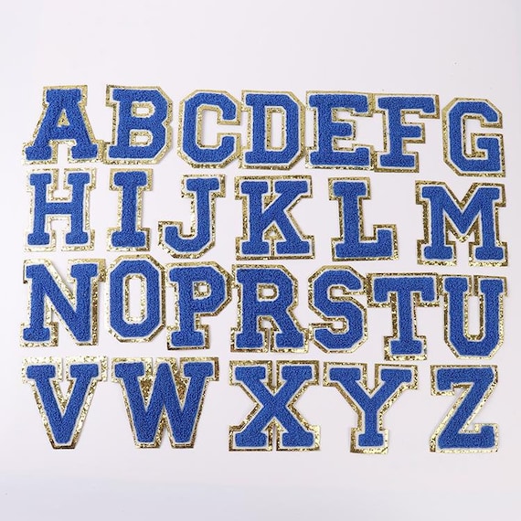 3.2 Royal Blue Chenille Letters, Iron on Gold Glitter Letters