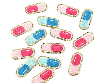 Pink Pills Chenille Patch Iron on, Teal Pills Chenille Patch Iron on, Glitter Chenille Embroidered Patch, iron on Patches, DIY Applique