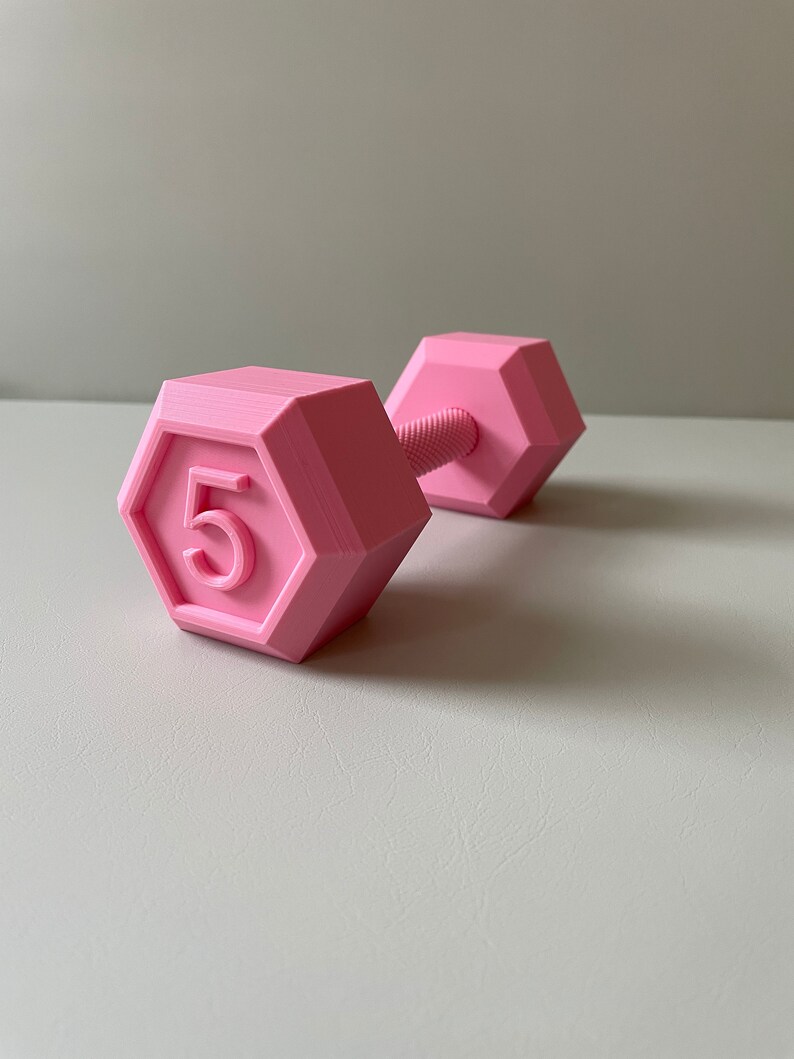 May include: A pink plastic dumbbell with a hexagonal weight plate that says "5" on it.