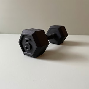 May include: A black 5-pound dumbbell with a hexagonal shape.