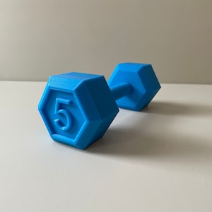 May include: A blue plastic dumbbell with a hexagonal shape and the number "5" printed on one side.