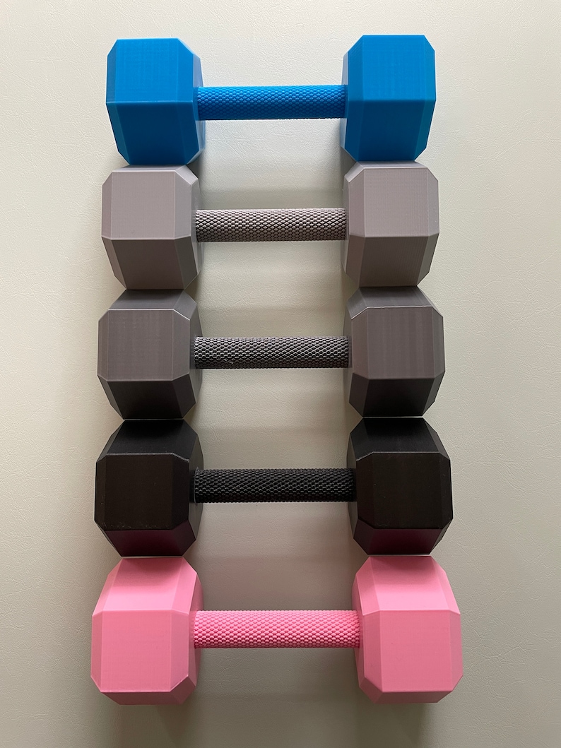 May include: Five pairs of dumbbells in different colors: blue, gray, black, and pink. The dumbbells are arranged vertically, with the blue dumbbells at the top and the pink dumbbells at the bottom.