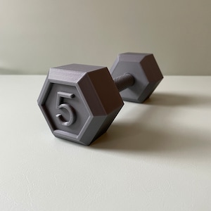 May include: A gray 5-pound dumbbell with a hexagonal shape. The dumbbell is made of plastic and has a textured surface.