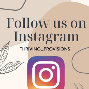 Op de afbeelding: Volg ons op Instagram, THRIVING_PROVISIONS, met een kleurrijk Instagram-logo op een beige achtergrond met abstracte vormen en bladeren.