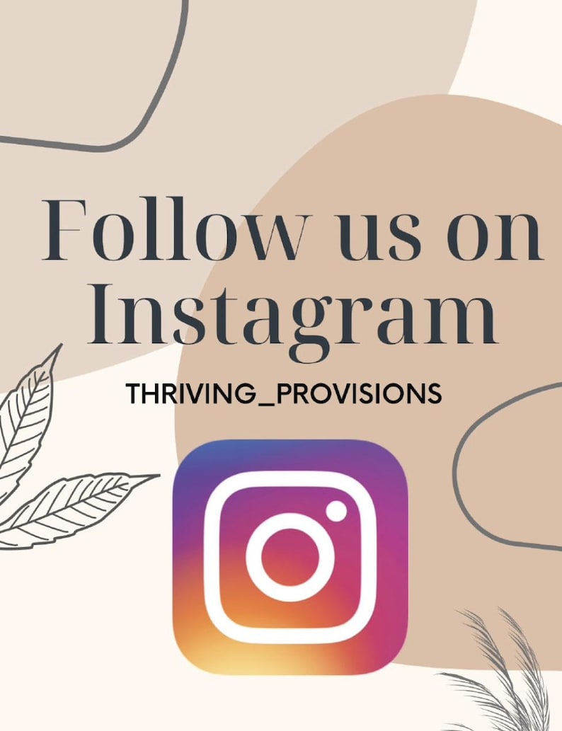 Op de afbeelding: Volg ons op Instagram, THRIVING_PROVISIONS, met een kleurrijk Instagram-logo op een beige achtergrond met abstracte vormen en bladeren.