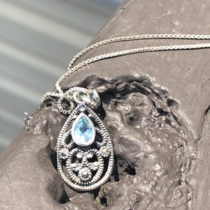 Vintage Blue Topaz and Marcasite Pendant on 18” Box Chain; 925 Marcasite and Teardrop Blue Topaz Necklace