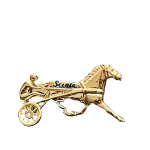 May include: A gold-colored metal pin of a horse pulling a chariot. The horse is running and the chariot has a driver. The word "Scruto" is written on the side of the chariot.