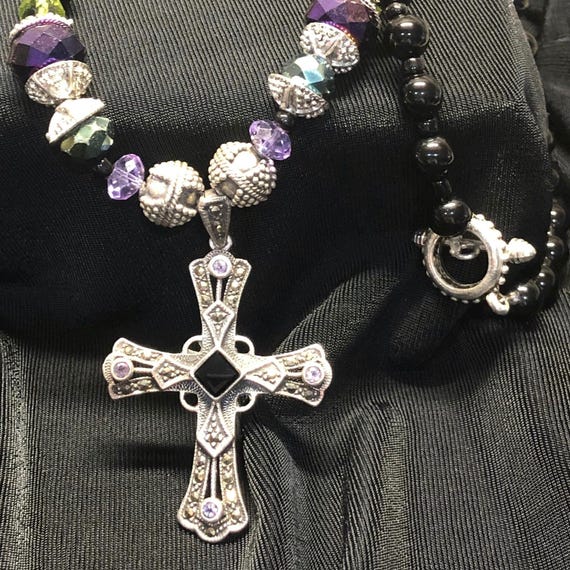Amethyst Onyx Cross Necklace: Marcasite Sterling Silver Gothic Pendant