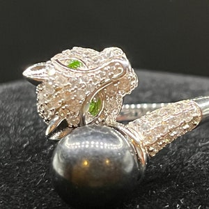 Vintage Sterling Silber Leopard Katzenring; 925 Kristall Katzen Wickelring; Kristall Katze