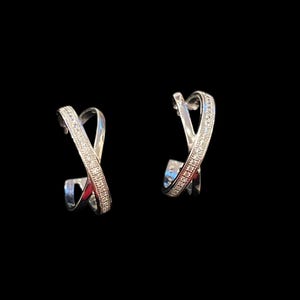 Sterling Silver Pave’ Diamond Hoop Earrings; 925 Interlocking Hoop Earrings; Pave’ Diamond Hoops