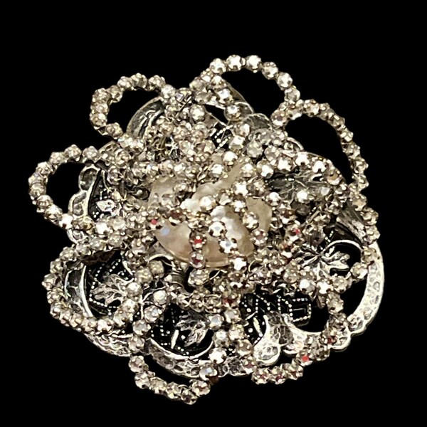 Miriam Haskell Vintage Brooch; Silver Tone Rhinestone Signed Miriam Haskell Brooch