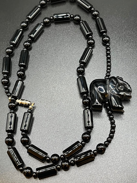 Black Onyx Beaded Necklace with Elephant Pendant;… - image 1