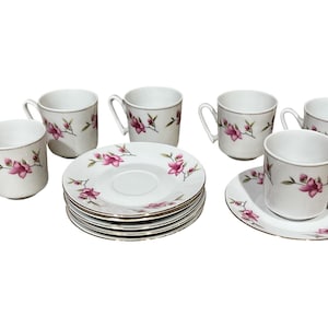 Vintage Porcelain Demitasse Cups (6) and Saucers (6) Accented with Pink Flowers; Six Pairs of Demitasse Porcelain Cups and Saucers