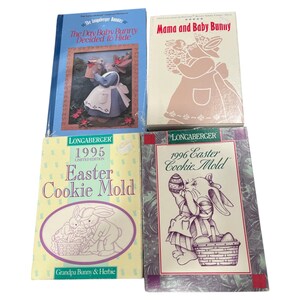Longaberger Easter Book and Cookie Mold Lot (4); Longaberger Pottery Bunny Series IOB; 1990's Longaberger; Easter Bakeware and Decor