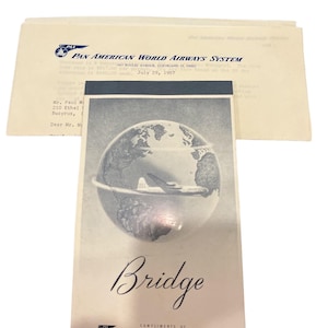 Vintage Pan American World Airlines Collectable; 1950s Personalized Pan Am Travel Intenary; Pan Am Canasta and Bride Score Cards