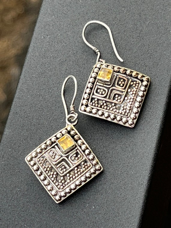 Silver Citrine and Marcasite Dangle Earrings; 925 