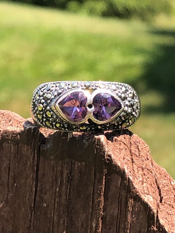 Vintage Marcasite and Amethyst Dual Hearts Sterlin