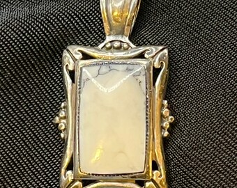 Vintage Sterling Silver Howlite Pendant Necklace - Ornate 18" Chain