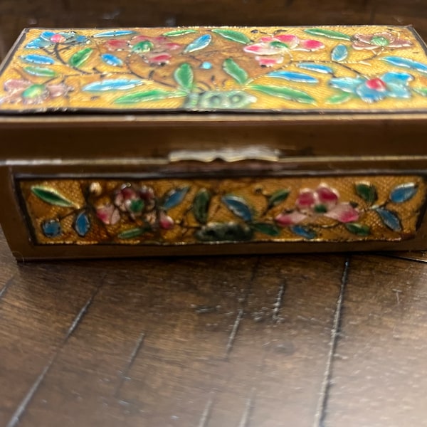 Antique Chinese Stamp Box; Brass and Enamel Floral Stamp Box; Chinese Trinket Box