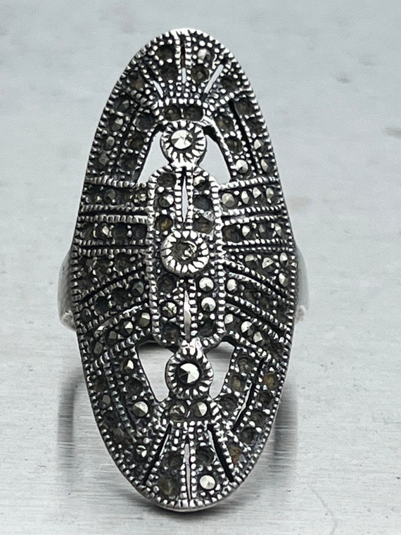 Vintage Sterling Silver Marcasite Statement Ring;… - image 1
