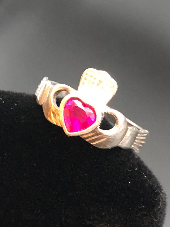 Vintage Claddagh Ring with Synthetic Ruby in Sterl