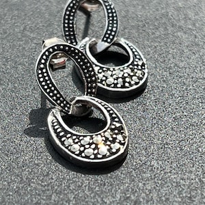 Vintage Double Oval Marcasite Silver Earrings; 925 Marcasite Dangle Earrings; Sterling Silver Two Piece Marcasite Earrings