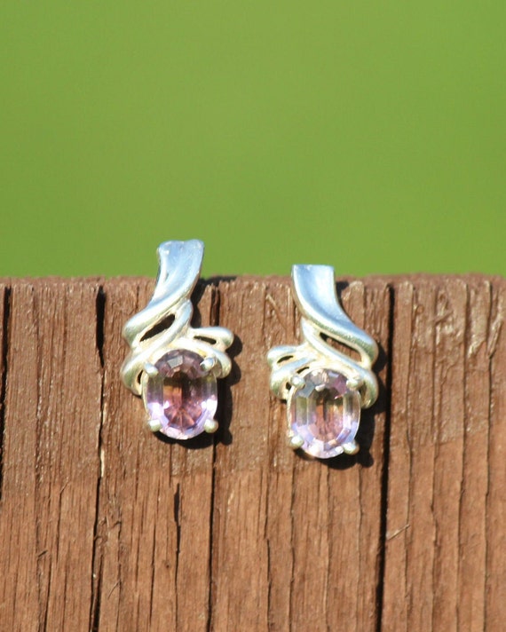 Oval Amethyst Earrings with Sterling Silver Swirl… - image 1