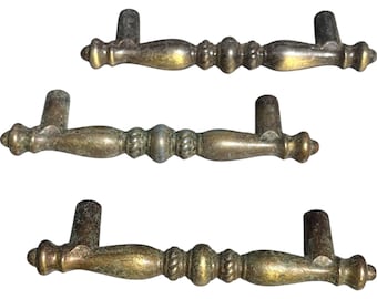 Vintage Metal Drawer Pulls (3): Antique Brass Finish, 4" Architectural Salvage Lot of Three