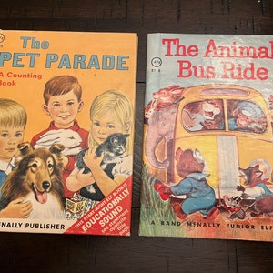 Vintage Kinderbücher; Zwei Rand McNally Elfenbücher; Das Haustierparade-Kinderbuch; Die Tiere Busfahrt Kinderbuch