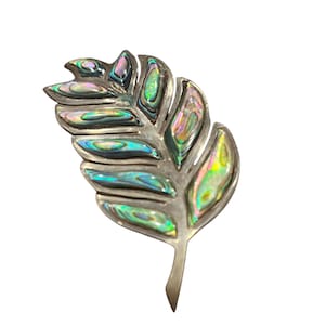 Vintage Abalone Leaf Brooch in Sterling Silver; 925 Mexico Abalone Brooch; Sterling and Abalone Brooch