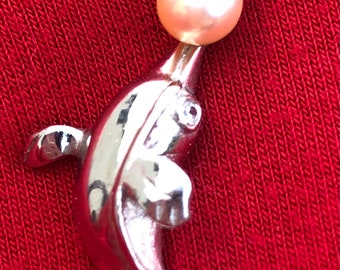 Sterling Silver Dolphin Holding a Pearl; Dolphin Pendant; Silver Dolphin Necklace