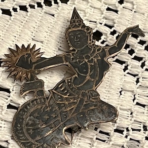 Vintage Siam Sterling Mekkala Goddess of Lightening Brooch; Niello Silver Brooch Pin
