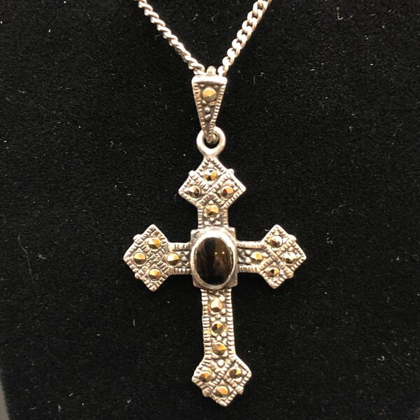 Vintage Marcasite Black Onyx Cross; 925 Detailed Onyx Cross